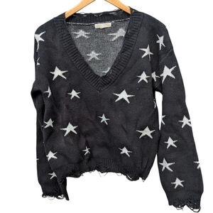 Distressed punk goth grunge v neck sweater black white stars size M Pull Over